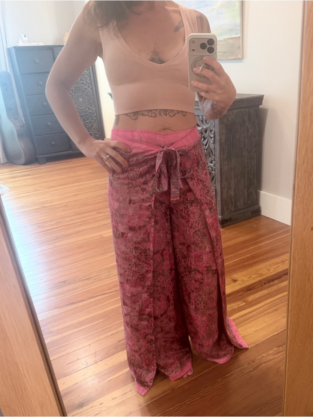 Earthbound Wide-Leg Pink Printed Reversible Wrap Pants